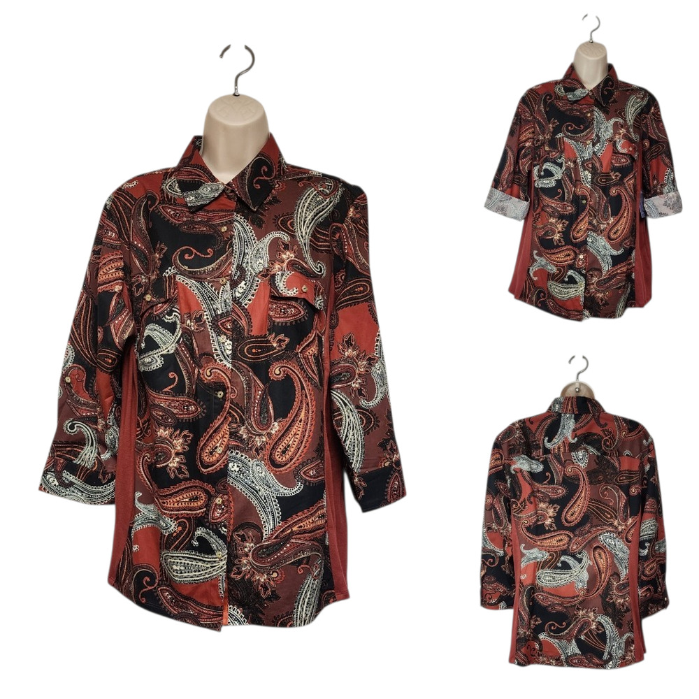 Laura Scott Women's 3/4 Sleeve Button Down Floral Paisley Brown Shirt Blouse 1X